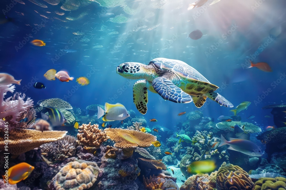 Underwater - Blue Tropical Seabed With Reef And Sunbeam. Beautiful simple AI generated image Underwater - Blue Tropical Seabed With Reef And Sunbeam. Beautiful simple AI generated image