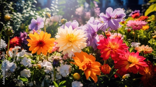 Colorful assortment of garden flowers and green plants in full bloom photo