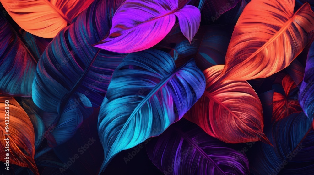 vibrant tropical leaves arranged in a dynamic pattern. Close-up vibrant tropical leaves arranged in a dynamic pattern. Close-up