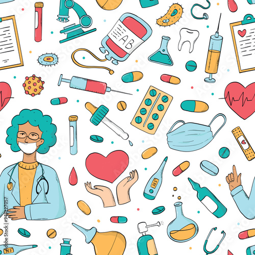 Medicine, health care seamless pattern with cute doodles for wallpaper, wrapping paper, scrapbooking, backgrounds, prints. World health day theme. EPS 10