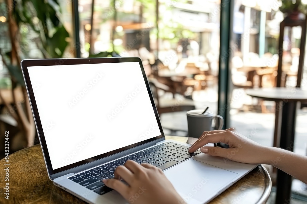 Mockup of a hand holding a laptop with a blank white screen while sitting at a vintage wooden desk in a cafe Mockup of a hand holding a laptop with a blank white screen while sitting at a vintage wooden desk in a cafe