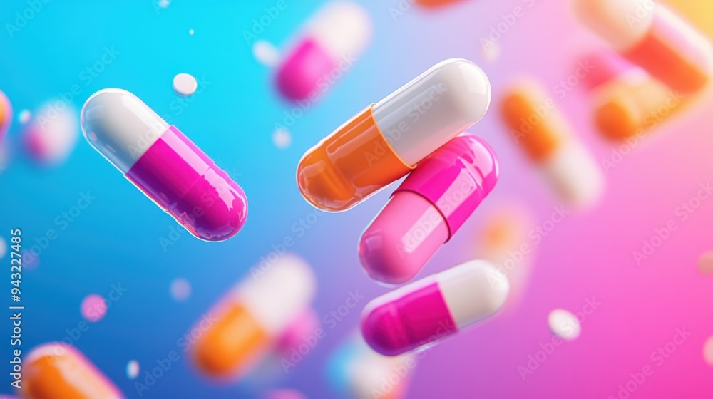 Macro Close-up of Colorful Prescription Drugs Capsules Floating on Gradient Background with Copy Space for Text Macro Close-up of Colorful Prescription Drugs Capsules Floating on Gradient Background with Copy Space for Text