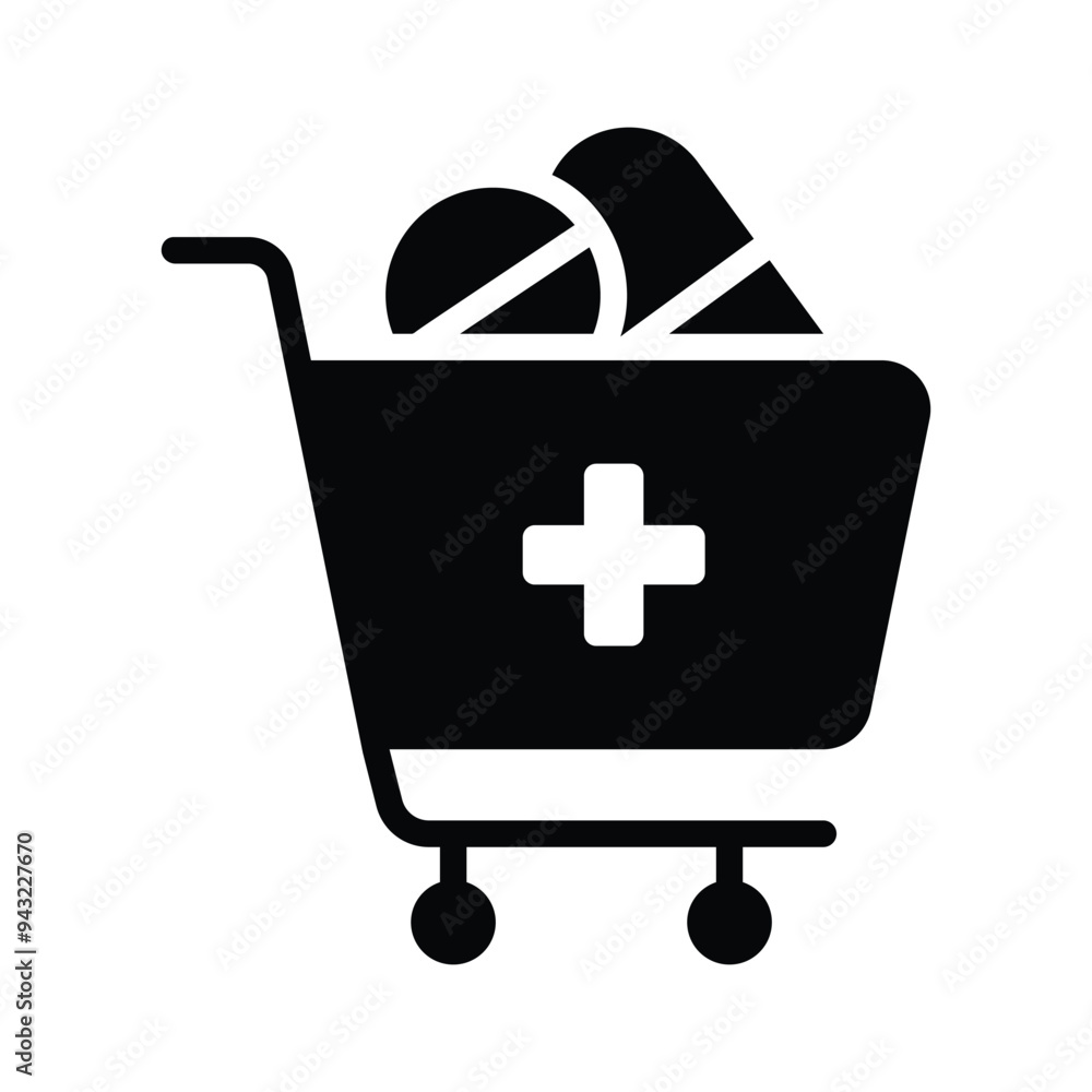 Icon of a shopping cart filled with medication, Icon of a shopping cart filled with medication,