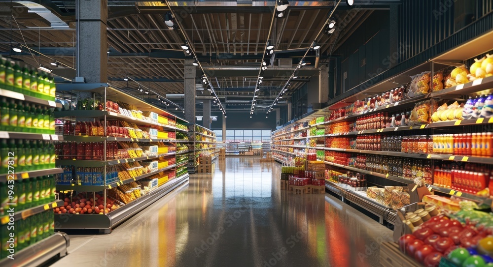 Efficient Supermarket Layout: Organized Interior with Well-Stocked Shelves Efficient Supermarket Layout: Organized Interior with Well-Stocked Shelves