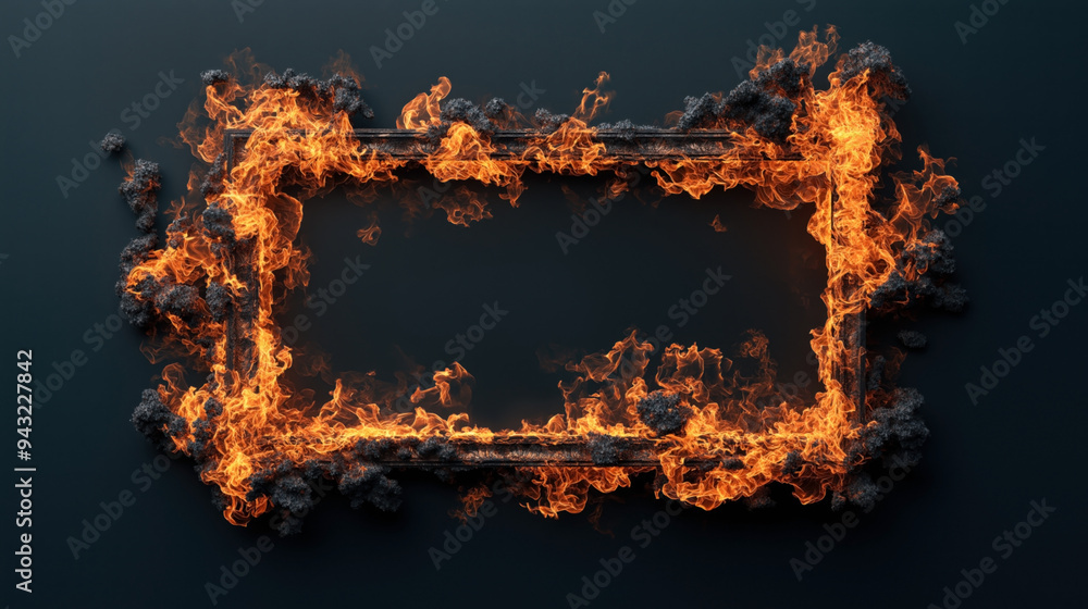 A rectangular frame engulfed in orange flames and black smoke on a dark background. A rectangular frame engulfed in orange flames and black smoke on a dark background.
