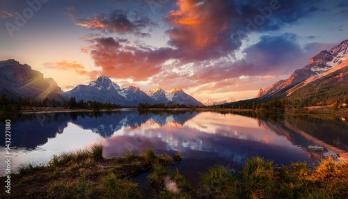 Sunrise over the mountains. Stunning Sunset Landscape with Reflecting Clouds and Mountains.