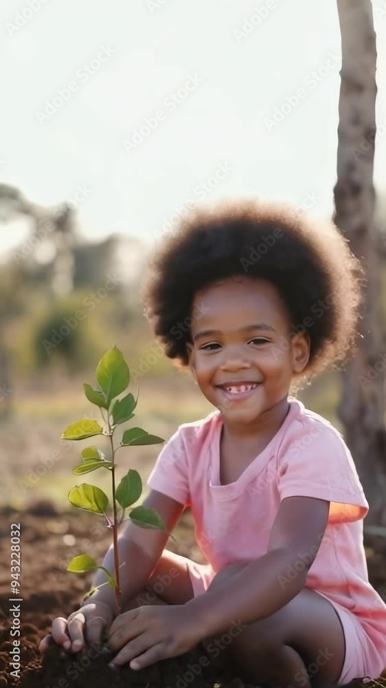 An afro cheerful child carefully plants a young tree sapling, their face glowing with happiness. An afro cheerful child carefully plants a young tree sapling, their face glowing with happiness.