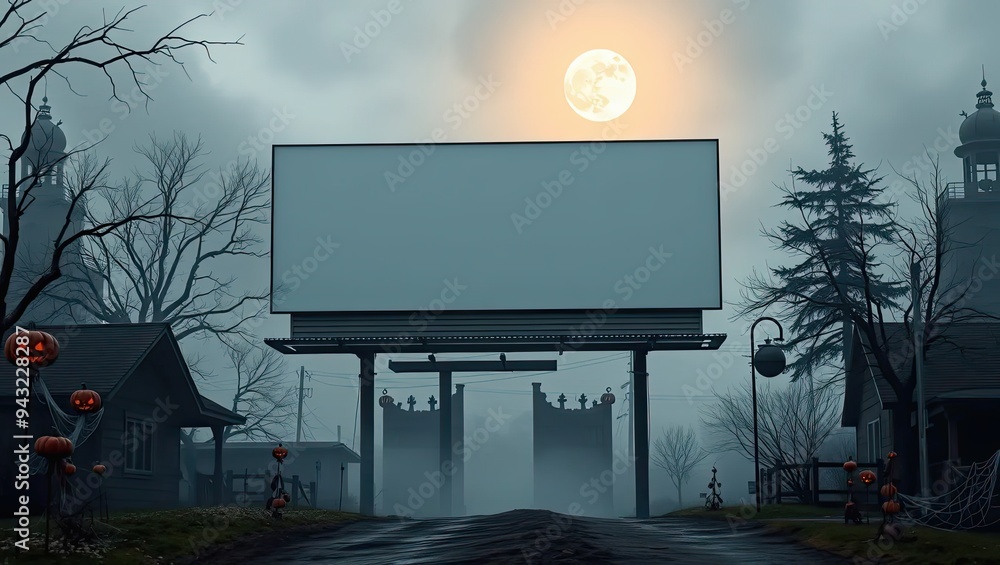 Spooky Halloween Billboard with Full Moon and Fog Spooky Halloween Billboard with Full Moon and Fog