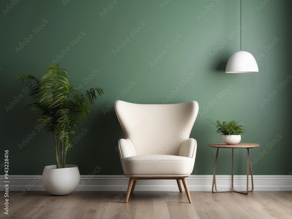 White Armchair in a Green Room with a Pendant Light White Armchair in a Green Room with a Pendant Light