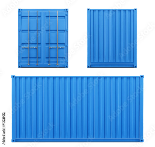 Ship container front and side view set isolated on white background. Vector realistic illustration of blue metal box for cargo transportation by sea, steel crate mockup for maritime freight delivery