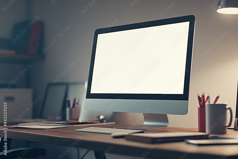 Blank screen desktop computer mockup on white work surface in modern home office Blank screen desktop computer mockup on white work surface in modern home office