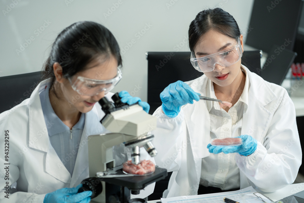 Microbiologist Working on Molecule Samples in Modern Food Science Laboratory, Control experts inspect the concentration of chemical residues. hazards, standard, find prohibited substances, contaminate Microbiologist Working on Molecule Samples in Modern Food Science Laboratory, Control experts inspect the concentration of chemical residues. hazards, standard, find prohibited substances, contaminate