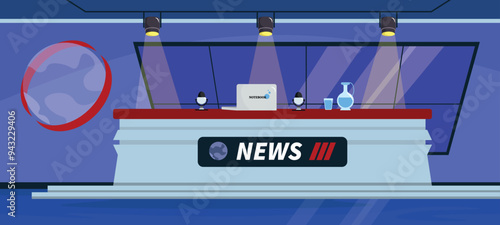 Vector illustration of a beautiful news studio.Cartoon scene of a modern interior of a news studio with windows, a planet element, a table, a laptop, a jug and a glass of water, spotlights with light.