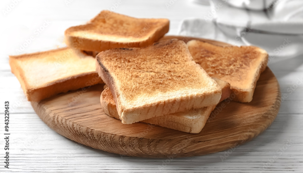 Delicious toasted bread slices on white wooden table, closeup