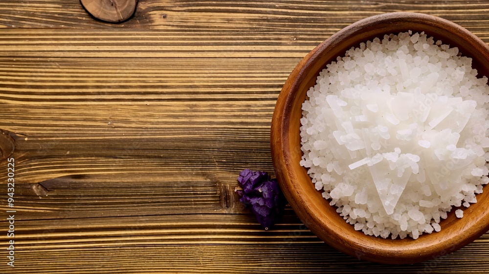 A wooden bowl of salt crystals on a wooden background. A wooden bowl of salt crystals on a wooden background.