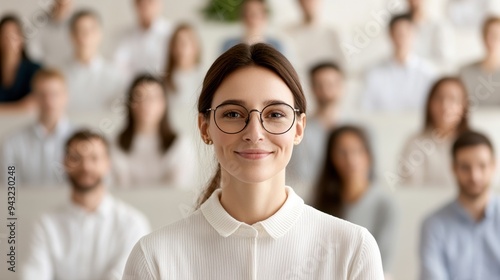 Confident young woman smiling in a crowded conference, showcasing engagement and professionalism in a modern business setting.