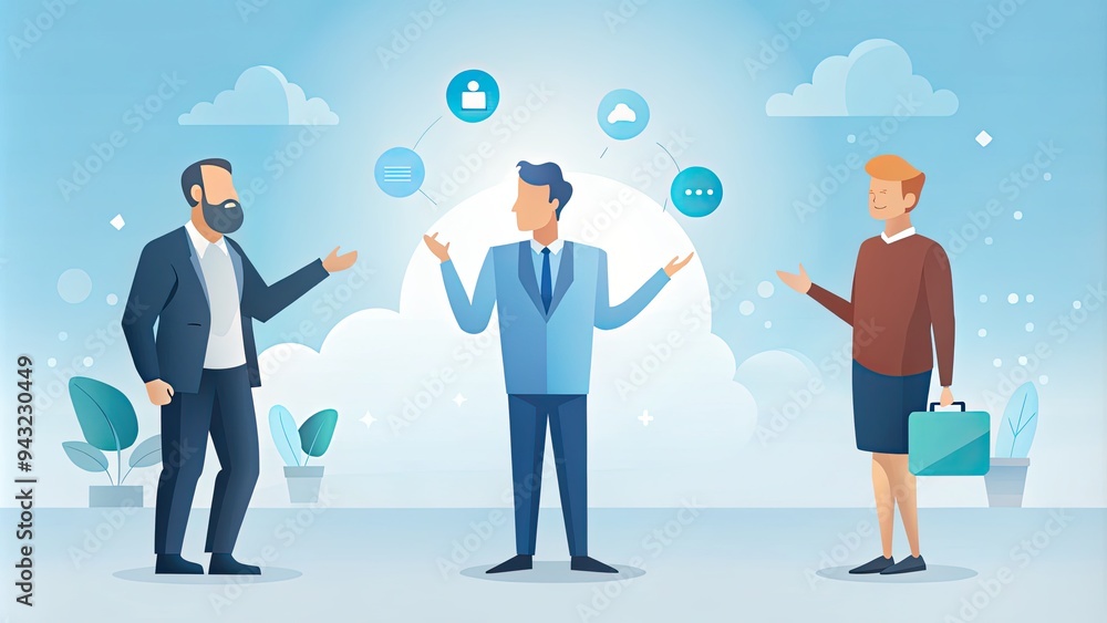 Business People Discussing Ideas and Solutions in a Cloud Environment Business People Discussing Ideas and Solutions in a Cloud Environment