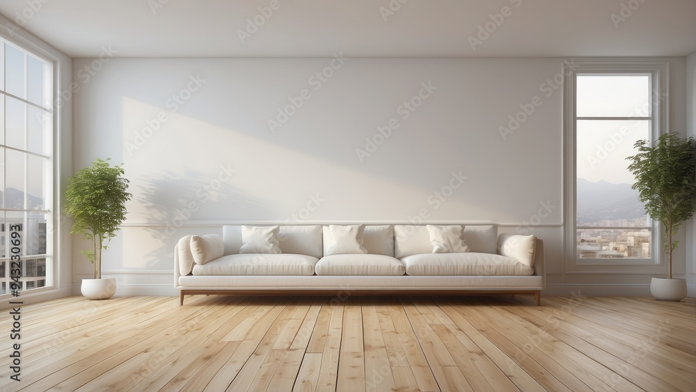 Fototapeta premium Minimalist Living Room with White Sofa and Wooden Floor