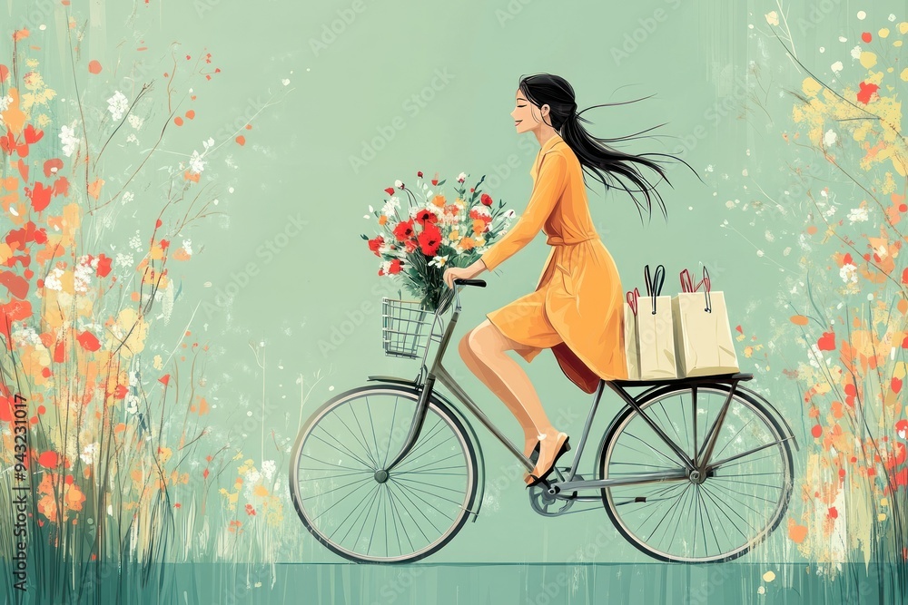 Woman in orange dress with bicycle and flowers bouquet Woman in orange dress with bicycle and flowers bouquet