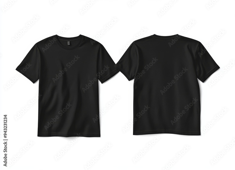 On white background, mockup of blank black t-shirt front and back isolated. Shirt design for man. Top view, flat lay. On white background, mockup of blank black t-shirt front and back isolated. Shirt design for man. Top view, flat lay.