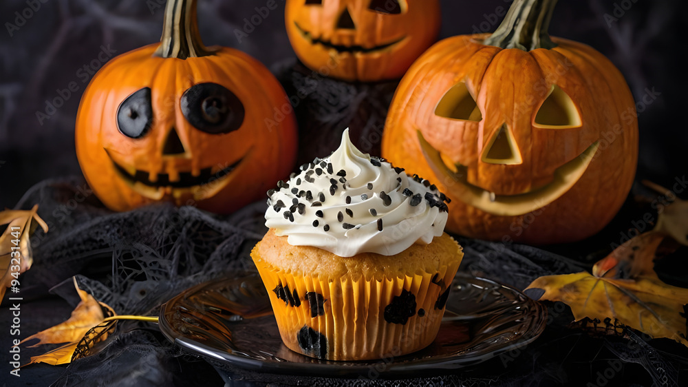 Halloween cupcakes with buttercream and holiday decoration. Halloween muffin. Halloween creative food. Halloween cupcakes with buttercream and holiday decoration. Halloween muffin. Halloween creative food.