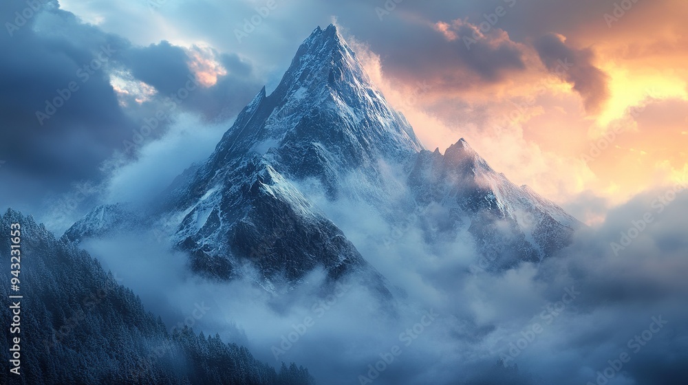 Obraz premium Majestic Mountain Peak Shrouded in Mist at Dawn. copy space for text.