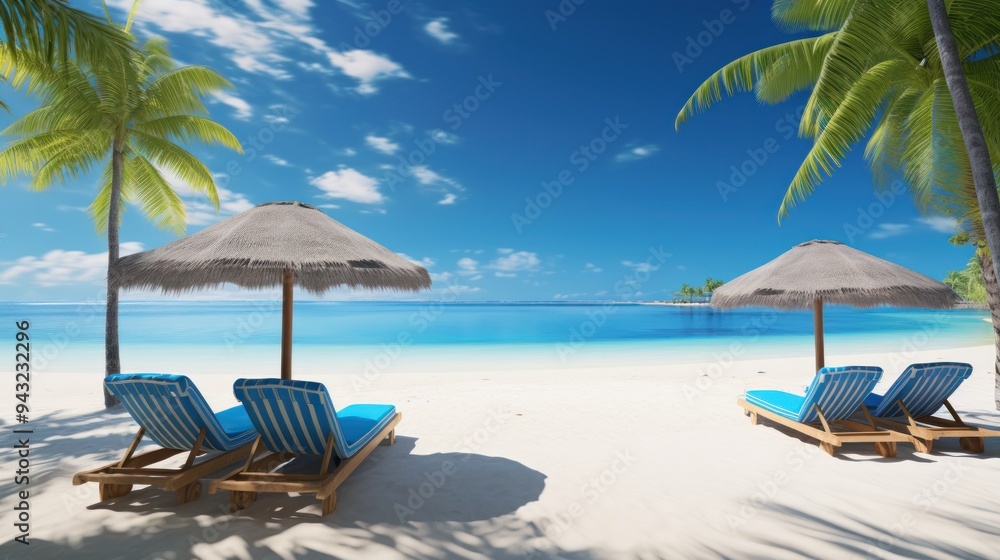 Tropical beach with palm trees and clear blue ocean, Tropical beach with palm trees and clear blue ocean,