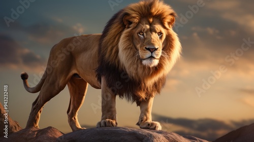 Lion standing proudly on a rocky outcrop, 