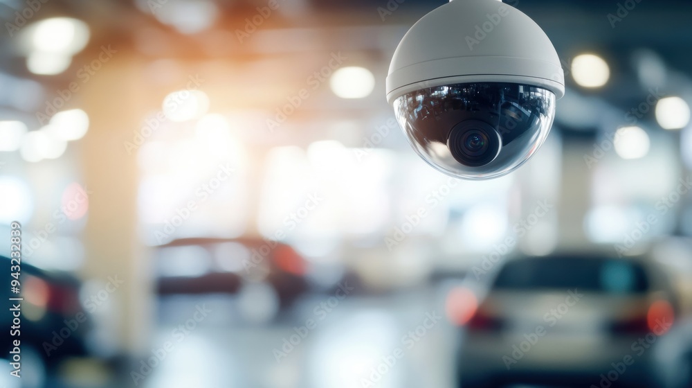 Fototapeta premium Modern security camera in a parking garage, providing surveillance and safety for vehicles in a well-lit environment.