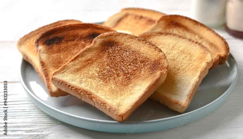Delicious toasted bread slices on white wooden table, closeup Delicious toasted bread slices on white wooden table, closeup