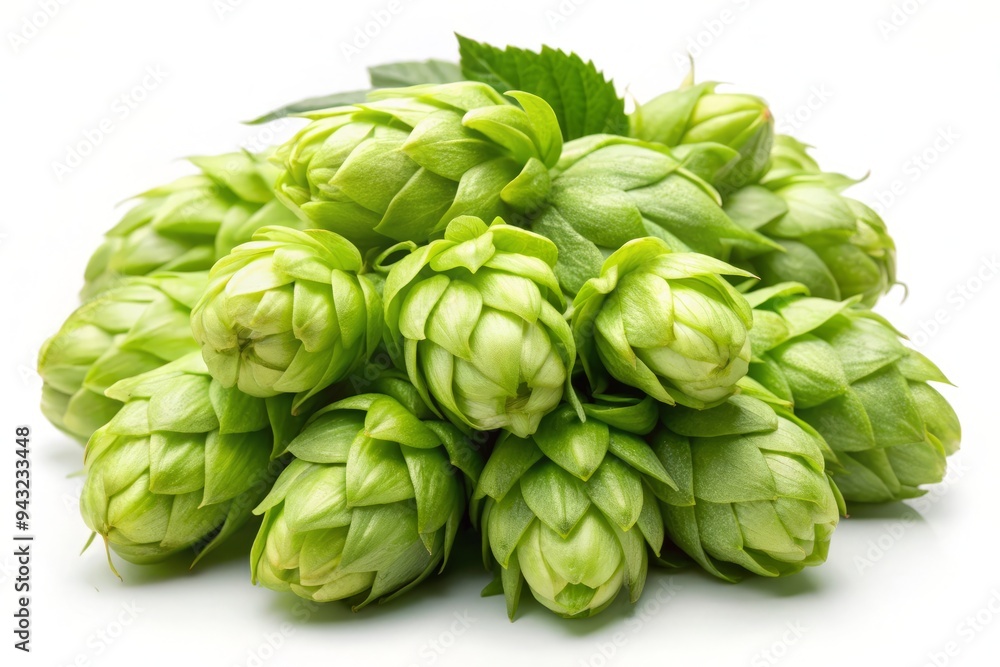 Vibrant green hops burst forth on a pure white background, each textured leaf and stem carefully positioned for a dramatic close-up reveal. Vibrant green hops burst forth on a pure white background, each textured leaf and stem carefully positioned for a dramatic close-up reveal.