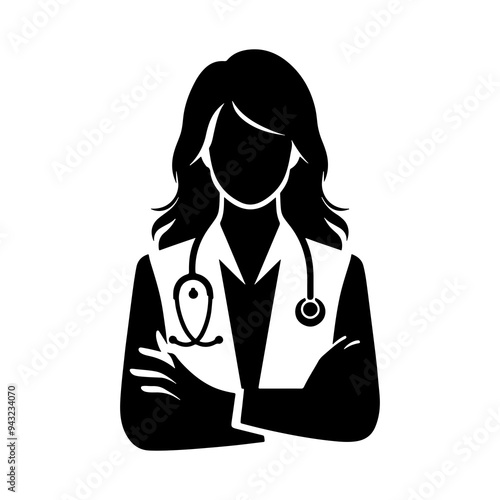 Female doctor specialist with stethoscope silhouette on white background, clinic nurse vector icon, doctor icon
