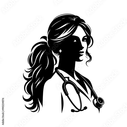 Female doctor specialist with stethoscope silhouette on white background, clinic nurse vector icon, doctor icon