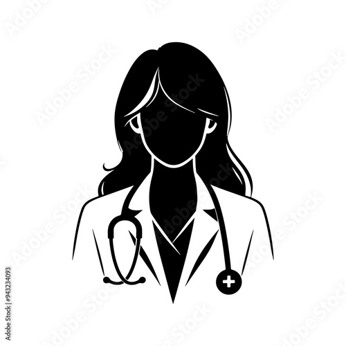Female doctor specialist with stethoscope silhouette on white background, clinic nurse vector icon, doctor icon