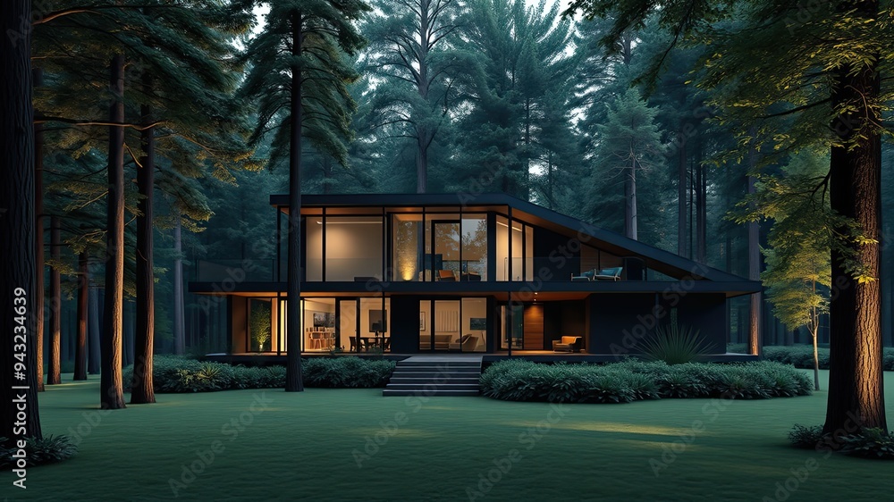 Modern House in a Forest Setting at Dusk Modern House in a Forest Setting at Dusk