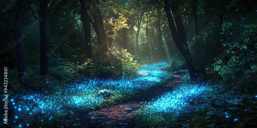Fototapeta premium Forest path illuminated by blue fireflies.