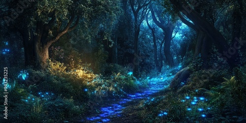 Enchanted forest path with glowing blue lights.