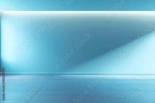 Blue, minimalistic, universal background for presentations , blue wall and smooth floor with beautiful window shadow and sun glare. Universal background for product presentation , empty blue room 