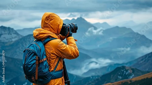 Wallpaper Mural photographer taking photographs in nature, Capturing mountain scenery during cloudy weather in a beautiful outdoor adventure Torontodigital.ca