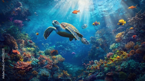 Sea Turtle Swimming Through Coral Reef