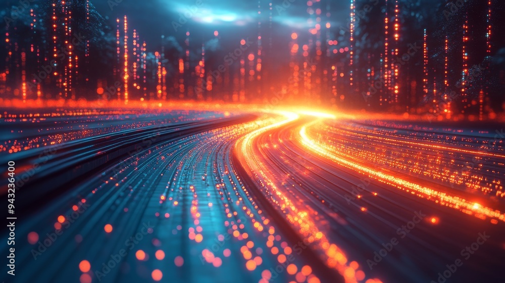 Bright glowing lines along a futuristic road under a dramatic sky at twilight Bright glowing lines along a futuristic road under a dramatic sky at twilight