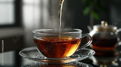 Pouring black tea into a glass cup on a glass table. Image of drink tea in the morning. copy space for text. photo