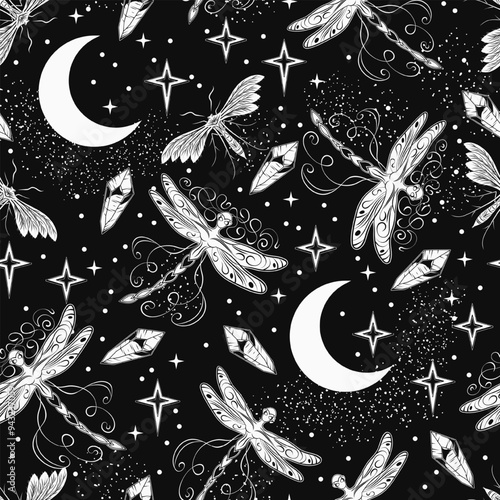 Seamless black and white pattern with crescent moon, flying fantasy pixie dragonfly, scattered stars, crystals. Magic night. Mythological fairy tale, mystical concept.