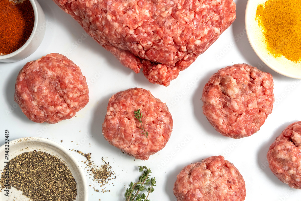 Ground beef cutlets with spices for making burgers on white background. Ground beef cutlets with spices for making burgers on white background.