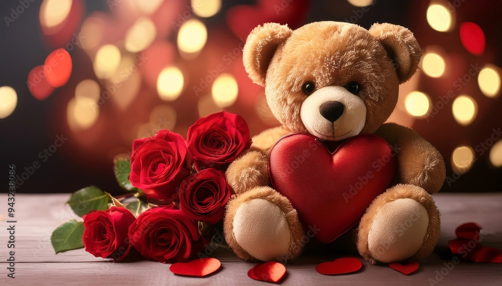 teddy bear with red rose. Teddy Bear with Red Roses and Heart-Shaped Stuffed Animal. teddy bear with red rose. Teddy Bear with Red Roses and Heart-Shaped Stuffed Animal.