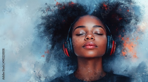 Woman with afro and headphones in abstract smoky setting