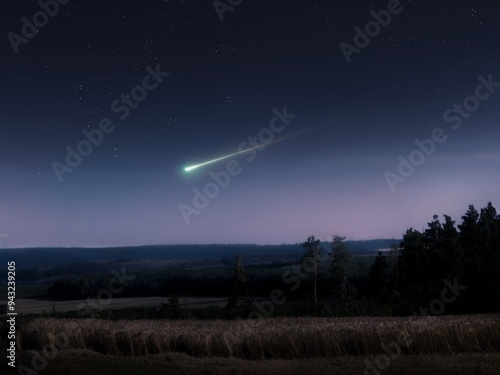 Landscape with a falling star. Meteor in the night sky. Bright bolide over fields. photo