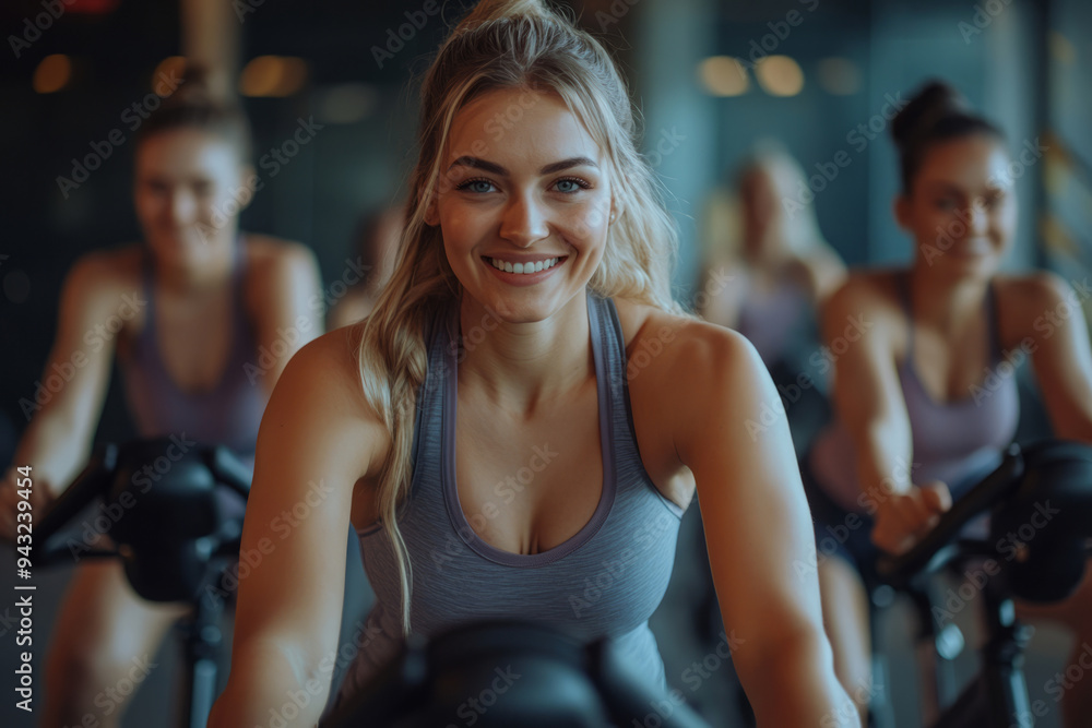 Fototapeta premium Woman leads an indoor cycling class at a gym. Group workout setting