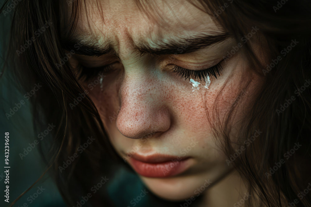 Young woman with tear streaked cheeks. Deep sadness, emotional pain Young woman with tear streaked cheeks. Deep sadness, emotional pain