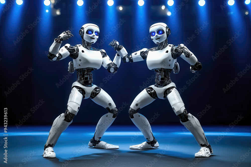 Two humanoid robots dancing Rock and Roll in a dance hall under blue spotlights, AI generated Two humanoid robots dancing Rock and Roll in a dance hall under blue spotlights, AI generated